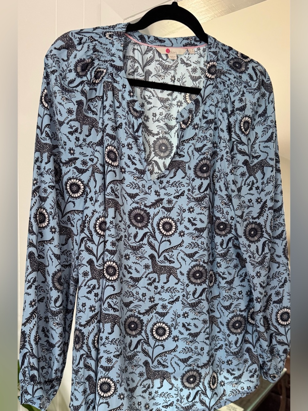 Boden Sky Blue Floral & Leopard-Print Long Sleeve Tunic Style Blouse